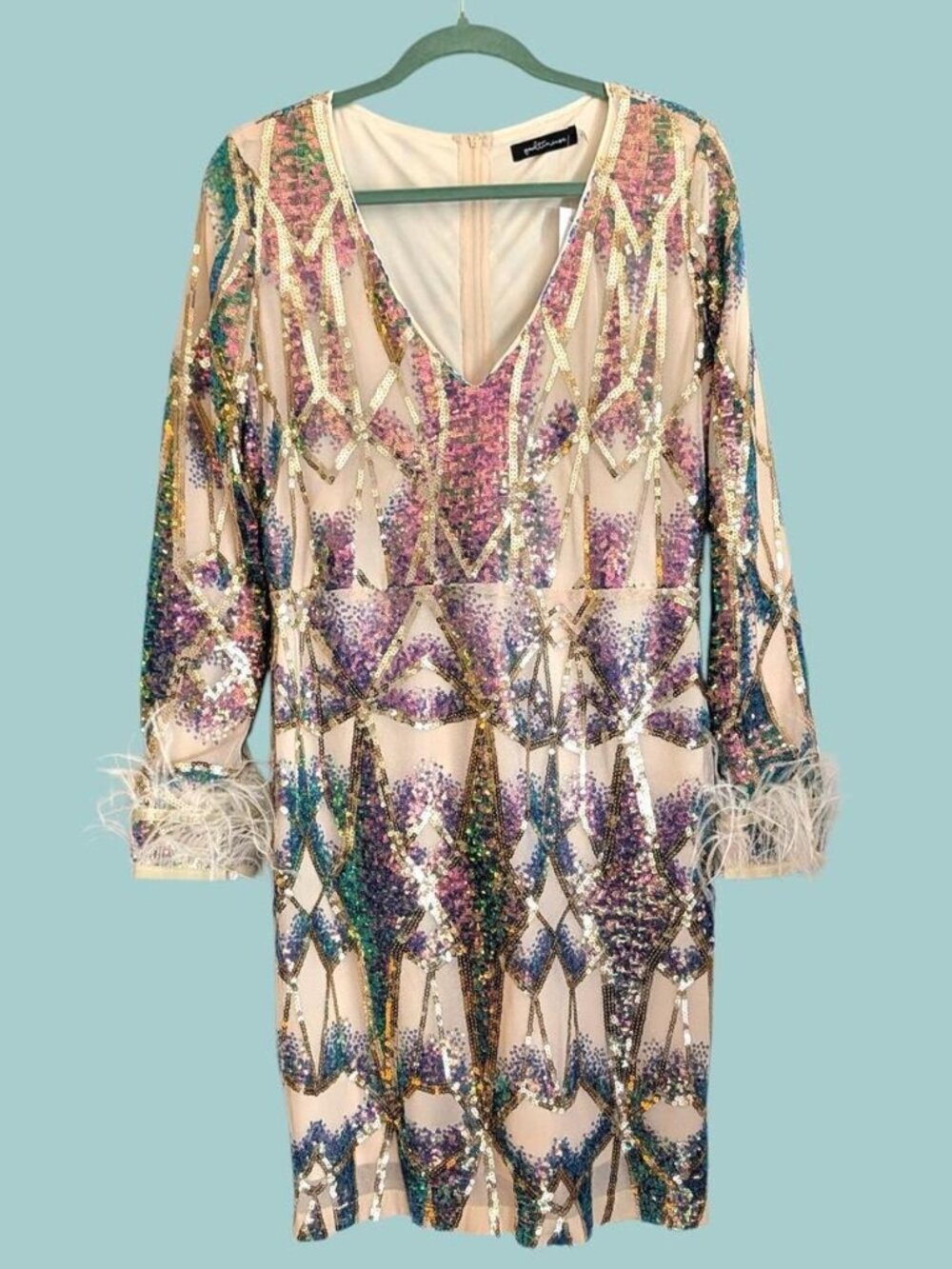 NWT Good Time USA Sequin Mesh Feather Trim Dress